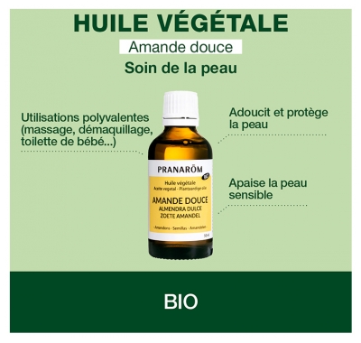 Pranarôm Huile Végétaleamande Douce Bio Adoucissante et Protectrice Première Pression à Froid Des Amandes Fruits de l'Amandier 50 ml