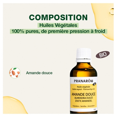 Pranarôm Huile Végétaleamande Douce Bio Adoucissante et Protectrice Première Pression à Froid Des Amandes Fruits de l'Amandier 50 ml