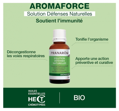 Pranarôm Aromaforce Solution Défenses Naturelles Bio Aux 10 Huiles Essentielles Désinfecte Assainit Renforce l'Immunité 30 ml