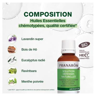 Pranarôm Aromaforce Solution Défenses Naturelles Bio Aux 10 Huiles Essentielles Désinfecte Assainit Renforce l'Immunité 30 ml