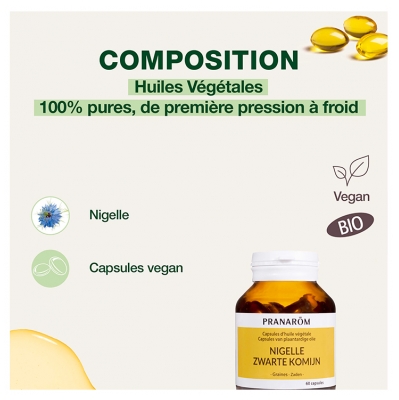 Pranarôm Huile Végétale Nigelle Capsules Vierge de Première Pression à Froid Graines Huile d'Exception 60 Capsules