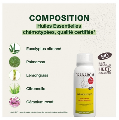 Pranarôm Aromapic Spray Corps Anti-Moustique Bio (Eco) Efficacité 7 Heures Huiles Essentielles Biologiques 75 ml