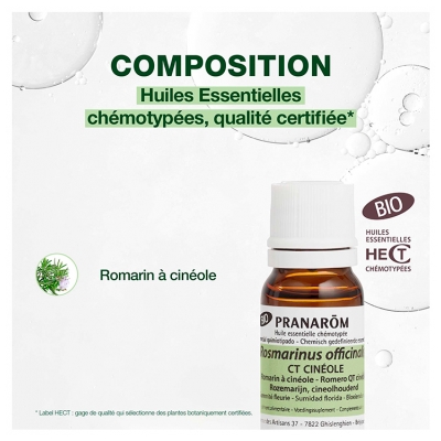 Pranarôm Huile Essentielle Romarin à Cinéole Bio Rosmarinus Officinalis Ct Cineole Sommité Fleurie 10 ml