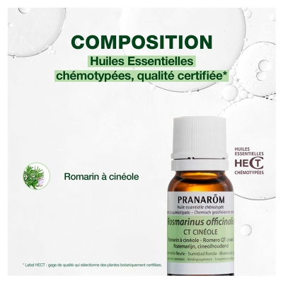 Pranarôm Huile Essentielle Romarin à Cinéole Rosmarinus Officinalis Ct Cineole Sommité Fleurie Hect 10 ml