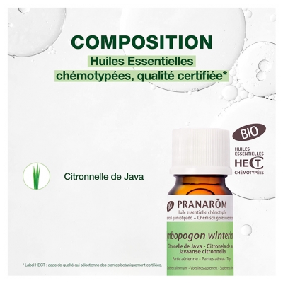 Pranarôm Huile Essentielle Citronnelle de Java Bio Cymbopogon Winterianus Partie Aérienne 10 ml