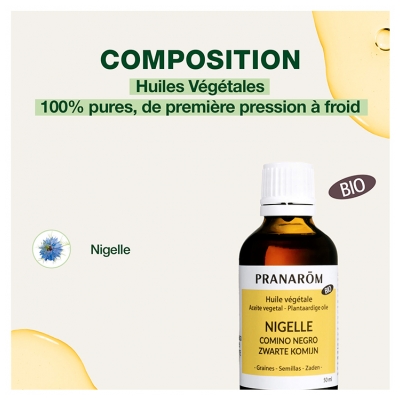 Pranarôm Huile Végétale de Nigelle Bio Anti-Vieillissement Première Pression à Froid Des Graines de Cumin Noir 50 ml