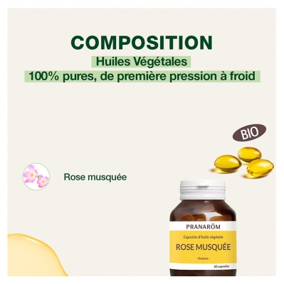Pranarôm Huile Végétale Rose Musquée Vierge de Première Pression à Froid Graines Acides Gras Essentiels 60 Capsules