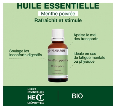 Pranarôm Huile Essentielle de Menthe Poivrée Bio - Partie Aérienne - Format Familial - 30 ml