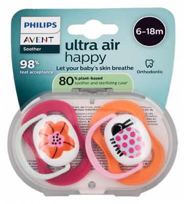 Avent Ultra Air Happy 2 Sucettes Orthodontiques de 6 à 18 Mois - Modèle : Fleur et Coccinelle