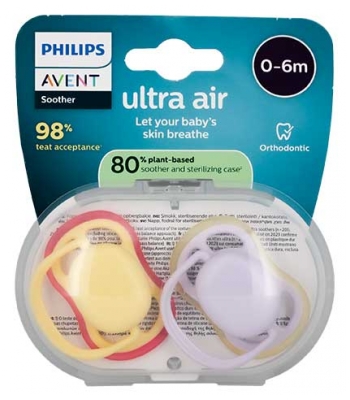 Avent Ultra Air 2 Sucettes Orthodontiques De 0 à 6 Mois - Couleur : Jaune et Mauve