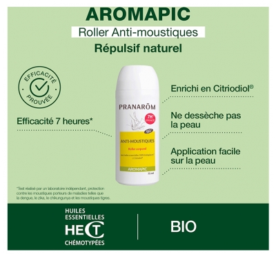 Pranarôm Aromapic Roller Anti-Moustique Bio (Eco) Efficacité 7 Heures Aux Huiles Essentielles Biologiques 75 ml