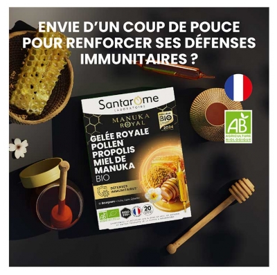Santarome Bio Gelée Royale Pollen Propolis Miel de Manuka Bio 20 Ampoules de 10 ml