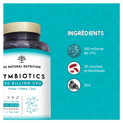 N2 Natural Nutrition Symbiotics 150 Probio Prébio et Zinc 60 Capsules