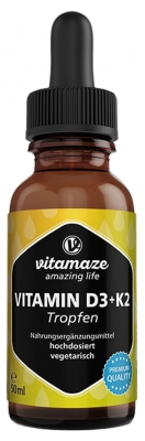Vitamaze Vitamine D3 1000 Ui + K2 Gouttes à Haute Dose Végétarien 1700 Gouttes