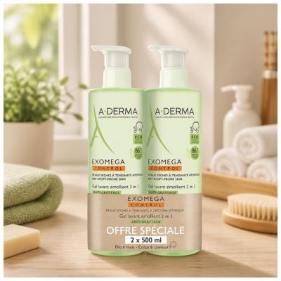 A-Derma Exomega Control Gel Lavant Émollient 2En1 Corps et Cheveux Flacons Pompe 2 x 500 ml