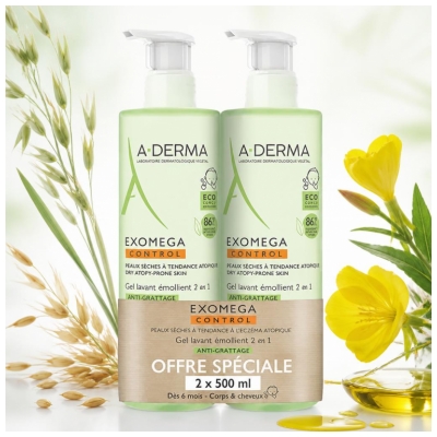 A-Derma Exomega Control Gel Lavant Émollient 2En1 Corps et Cheveux Flacons Pompe 2 x 500 ml