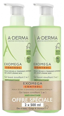 A-Derma Exomega Control Gel Lavant Émollient 2En1 Corps et Cheveux Flacons Pompe 2 x 500 ml