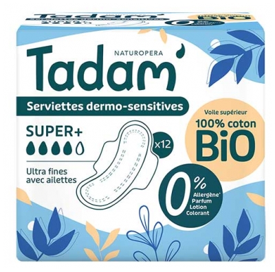 Tadam' Serviettes Dermo-Sensitives Ultra Fines avec Ailettes Super+ 12 Unités