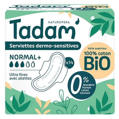 Tadam' Normal+ Serviettes Dermo-Sensitives Ultra Fines avec Ailettes 14 Unités