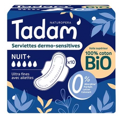 Tadam' Serviettes Dermo-Sensitives Ultra Fines avec Ailettes Nuit+ 10 Unités