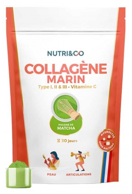 Nutri&Co Collagène Marin Type I, II & III & Vitamine C 180 g - Goût : Poudre de Matcha