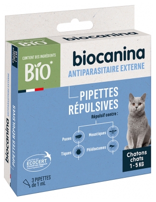 Biocanina Pipettes Répulsives Chaton & Chat de 1 à 5 kg 3 Pipettes de 1 ml