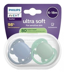 Avent Ultra Soft 2 Sucettes Orthodontiques Silicone 6-18 Mois - Couleur : Bleu/Vert