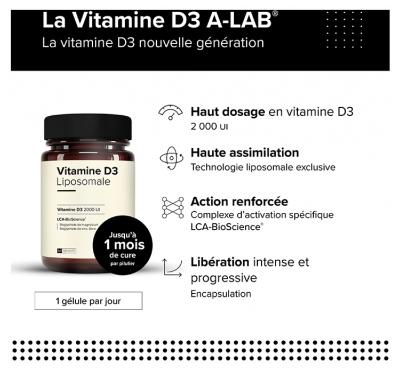 A-Lab Vitamine D3 Liposomale 2000 Ui Défenses Naturelles Immunité Assimilation Renforcée 60 Gélules