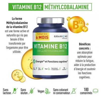 Granions Vitamine B12 1200 %g Méthylcobalamine 180 Comprimés