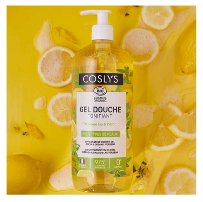 Coslys Gel Douche Tonifiant Citron-Verveine Bio Tous Types de Peaux 1 L