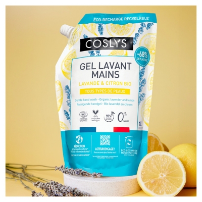 Coslys Gel Lavant Mains Lavande & Citron Tous Types de Peaux Éco-Recharge Bio 1 L