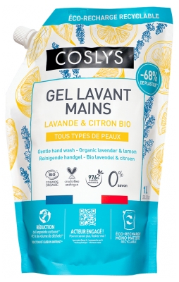 Coslys Gel Lavant Mains Lavande & Citron Tous Types de Peaux Éco-Recharge Bio 1 L