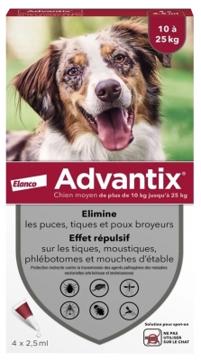 Advantix Chien Moyen – Anti-Puces et Anti-Tiques – 10-25Kg – 4 Pipettes