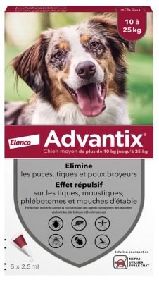 Advantix Chien Moyen – Anti-Puces et Anti-Tiques – 10-25Kg – 6 Pipettes