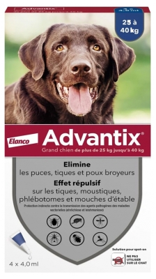 Advantix Grand Chien – Anti-Puces et Anti-Tiques – 25-40Kg – 4 Pipettes