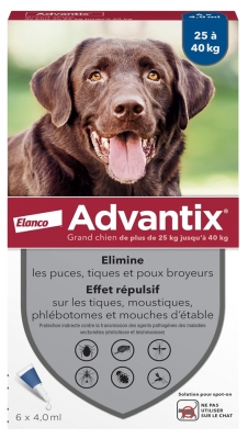 Advantix Grand Chien – Anti-Puces et Anti-Tiques – 25-40Kg – 6 Pipettes