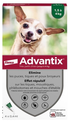 Advantix Très Petit Chien – Anti-Puces et Anti-Tiques – 1.5-4Kg – 4 Pipettes