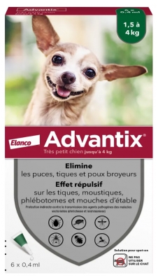 Advantix Très Petit Chien – Anti-Puces et Anti-Tiques – 1.5-4Kg – 6 Pipettes