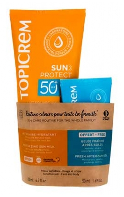Topicrem Sun Protect Lait Solaire Hydratant Peaux Sensibles SPF50+ 200 ml + Gelée Fraîche Après-Soleil Peaux Sensibles 50 ml Offert 
