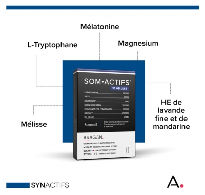 Synactifs Somactifs® - Sommeil - Mélatonine Mélisse Valériane Huiles Essentielles Magnésium - 30 Gélules