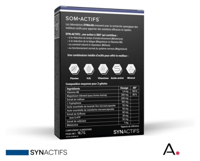 Synactifs Somactifs® - Sommeil - Mélatonine Mélisse Valériane Huiles Essentielles Magnésium - 30 Gélules