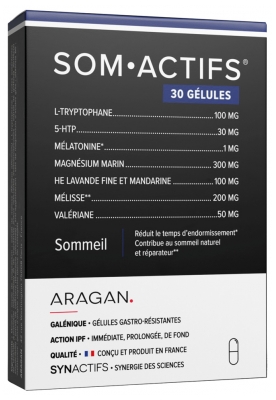 Synactifs Somactifs® - Sommeil - Mélatonine Mélisse Valériane Huiles Essentielles Magnésium - 30 Gélules