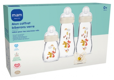 Coffret Biberons en Verre avec Sucette pour Bébé - Ensemble Complet 0 Mois et + - Modèle : Lapin et Renard