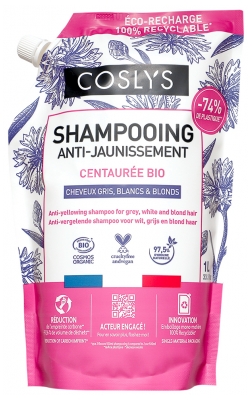 Coslys Shampoing Anti-Jaunissement Cheveux Blancs Gris et Blonds Bio Éco-Recharge 1 L