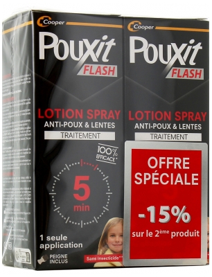 Pouxit Flash Spray Anti-Poux et Lentes 5 min 100% Efficace 2 x 150 ml Offre Spéciale 