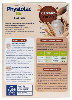 Physiolac Bio Céréales Cacao 200 g Certbio