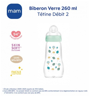 Biberon en Verre Natural Glass 260 ml Adapté dès 2 Mois Débit Moyen