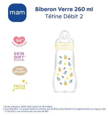 Biberon en Verre Natural Glass 260 ml Adapté dès 2 Mois Débit Moyen - Couleur : Jaune