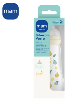 MAM Biberon Verre Premium 260 ml 2 Mois et + Débit 2 Moyen - Couleur : Jaune