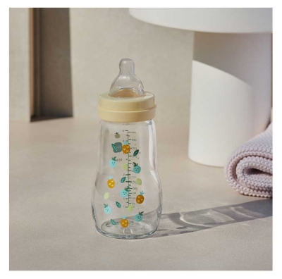 MAM Biberon Verre Premium 260 ml 2 Mois et + Débit 2 Moyen - Couleur : Jaune
